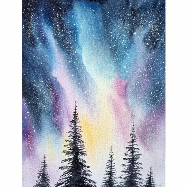 Northern Night Painting Original Watercolor Art Night Sky Artwork Starry Night Wall Art Forest Painting 9x12'' Hand Painted by AgureevaArt