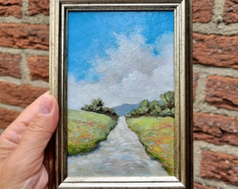 Landscape ORIGINAL Oil Painting Small Framed Artwork Countryside Field Path Wall Art Cloud Painting 6x4 inches Hand Painted