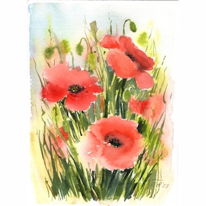 Poppies Watercolor Painting Red Flowers Original Art, Poppy Artwork, Small Painting 7.5x5.5&quot; by Tatiana Agureeva