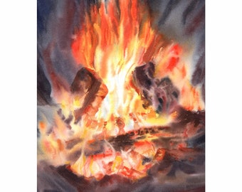 Lagerfeuer Malerei Original Aquarell Kunst Geschenk Reise Feuer Kunstwerk Lagerfeuer Wand Kunst Flamme Malerei 23x30 cm Handgemalt von AgureevaArt