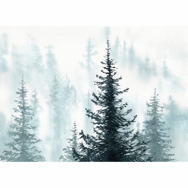 Pine Trees Original Watercolor Art, Minimalistic Art, Foggy Tree Wall Art Misty Forest Painting Size A4 by Tatiana Agureeva
