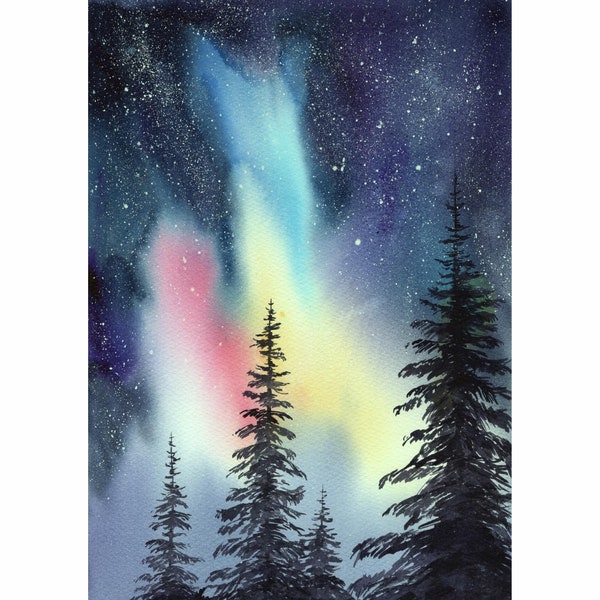 Northern Lights Painting Original Watercolor Art Aurora Borealis Wall Art Forest Painting Size A4 Hand Painted by AgureevaArt