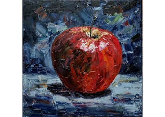Red Apple Painting Impasto Original Canvas Art Red on Black Wall