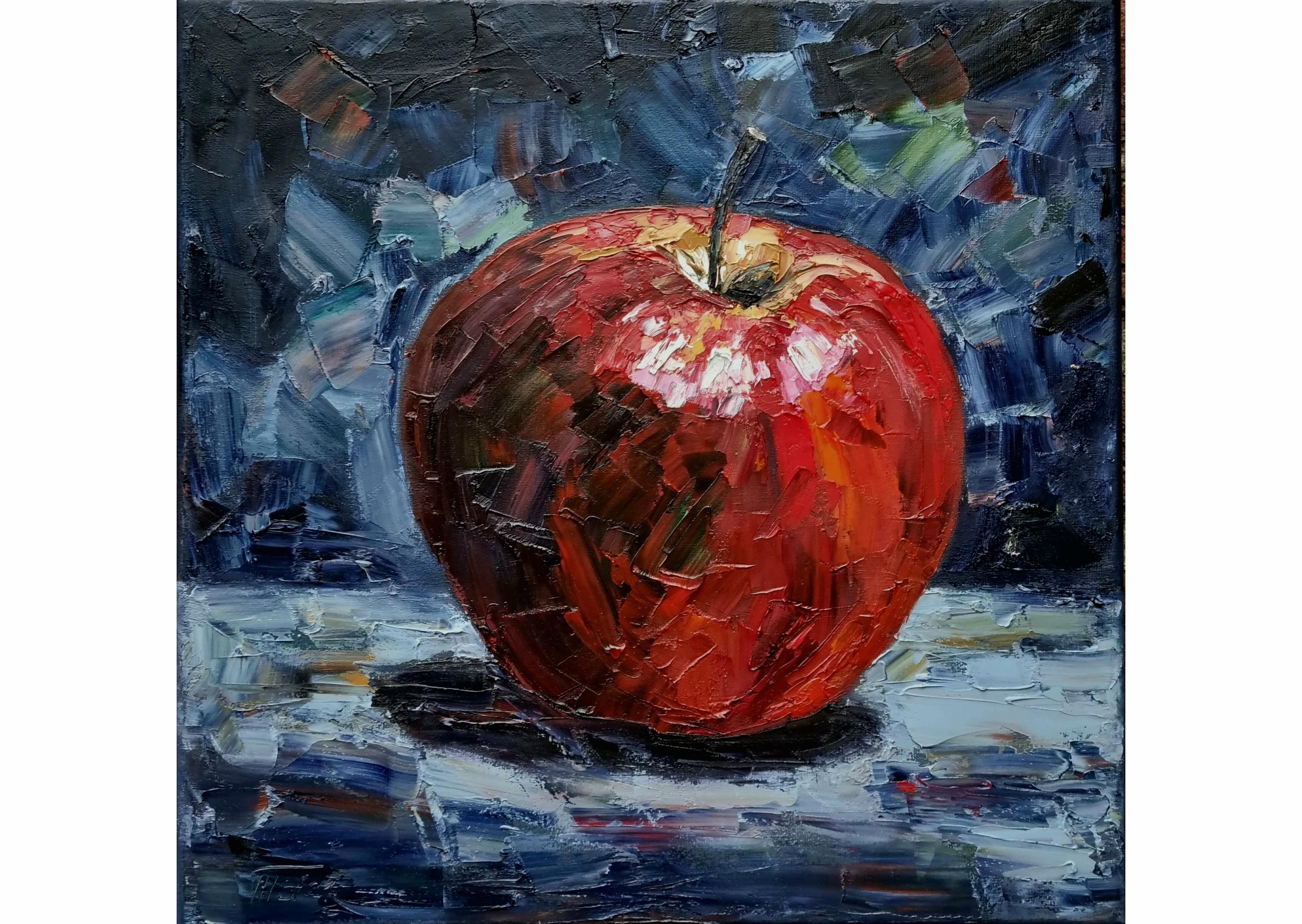 Red Apple Painting Impasto Original Canvas Art Red on Black Wall