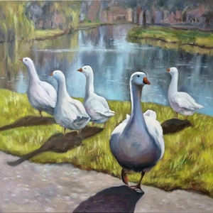Geese Painting Original Canvas Art White Goose Wall Art Summer Landscape Artwork Geese Oil Painting 50x50cm Hand Painted by Tatiana Agureeva