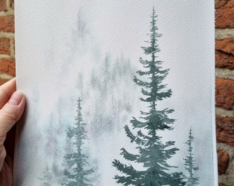 Foggy Forest Painting Original Watercolor Art Pine Trees Artwork Minimalistic Art Misty Trees Wall Art 10x8 inches Hand Painted