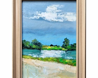 River ORIGINAL Painting Framed Art Calm Landscape Wall Art Cloud Oil Painting Summer Artwork 7x5 inches Hand Painted by Tatiana Agureeva