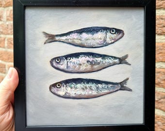 イワシの絵画 オリジナル油絵 額入り 小さなアートワーク 魚 壁アート キッチン装飾 7x7インチ 手描き