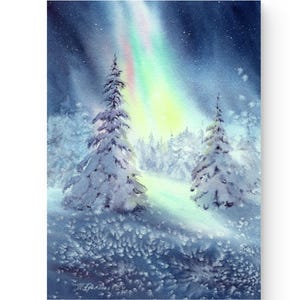 Northern Landscape ORIGINAL Painting Watercolor Art Aurora Borealis Wall Art Christmas Tree Artwork Size A4 Hand Painted by Tatiana Agureeva