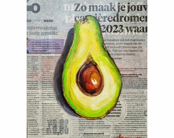 Avocado Painting Original Canvas Art Fruit Newspaper Artwork Kitchen Wall Art Food Oil Painting 30x24 cm Hand Painted by Tatiana Agureeva
