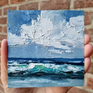 Seascape Oil Painting Wave Original Art Cloud over Sea Impasto Art Coastal Wall Art Small Artwork 4x4" by AgureevaArt