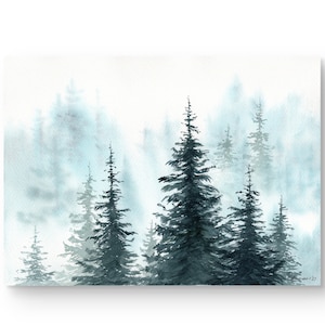 Foresta nebbiosa ORIGINALE Dipinto ad acquerello Arte minimalista Arte murale Alberi di pino Opera d'arte Formato A4 Foresta nebbiosa dipinta a mano da Tatiana Agureeva
