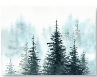 Bosque brumoso, pintura de acuarela original, arte mural minimalista, obra de arte de pinos, tamaño A4, pintada a mano