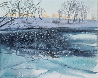 冬の風景 オリジナル水彩画 冬の水彩画 雪景色 木々 凍った川 - Etsy 日本
