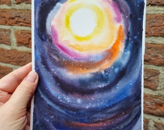 Pintura galaxia original acuarela arte espacio pared arte abstracto pared decoración cielo nocturno pintura tamaño 24x14 cm pintado a mano por AgureevaArt