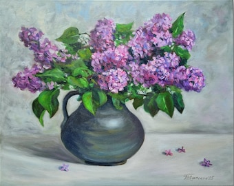 Lilac Oil Painting Original Floral Wall Art Purple Flower Kitchen Still Life on Stretched Canvas 16x20 Inch Artwork Hand Painted