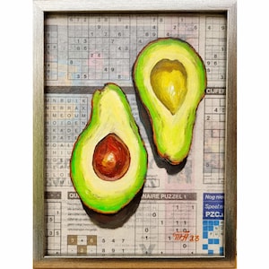 Avocado Painting Original Newspaper Art Fruit Framed Artwork Healthy Food Oil Painting 24x18 cm Hand Painted by Tatiana Agureeva