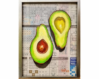 Avocado Painting Original Newspaper Art Fruit Framed Artwork Healthy Food Oil Painting 24x18 cm Hand Painted by Tatiana Agureeva