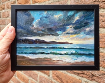 Framed Sea Sunset Original Oil Painting Coastal Seascape Small Artwork Hand Painted