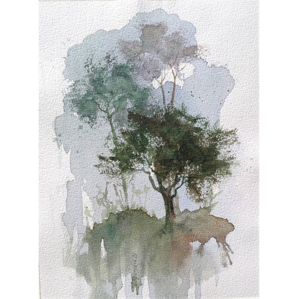 Trees Painting Original Watercolor Art, Abstract Landscape Painting by AgureevaArt