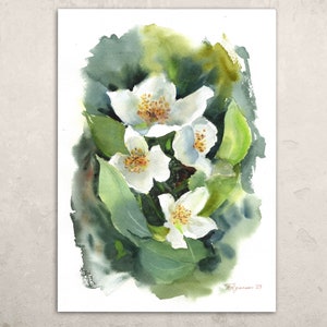 Jasmine Painting Original Watercolor Art, Floral Wall Art, White Flowers Blossom Artwork, Jasmine Flower Painting 10x7" by Tatiana Agureeva