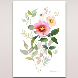 ボタニカルフローラルアート オリジナル水彩画 野花 葉 ソフトコテージコア 壁装飾 サイズ A4 タチアナ・アグレエワによる手描き