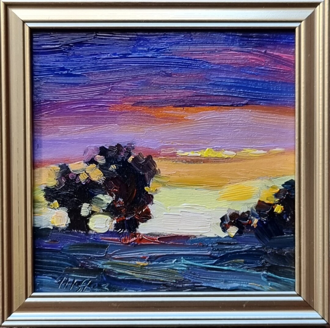 Landscape Painting Framed Original Art Sunset Wall Art Mini Oil