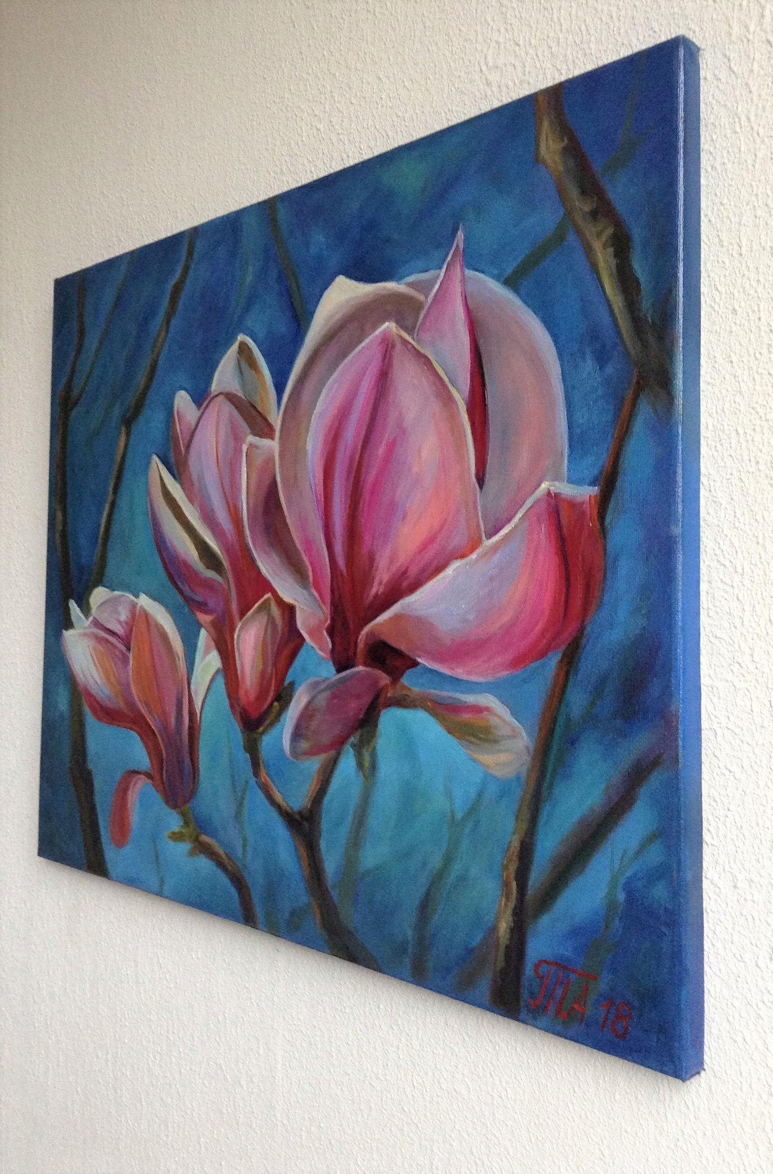Magnolia Painting Original Canvas Art Pink Flowers Oil Artwork Spring ...