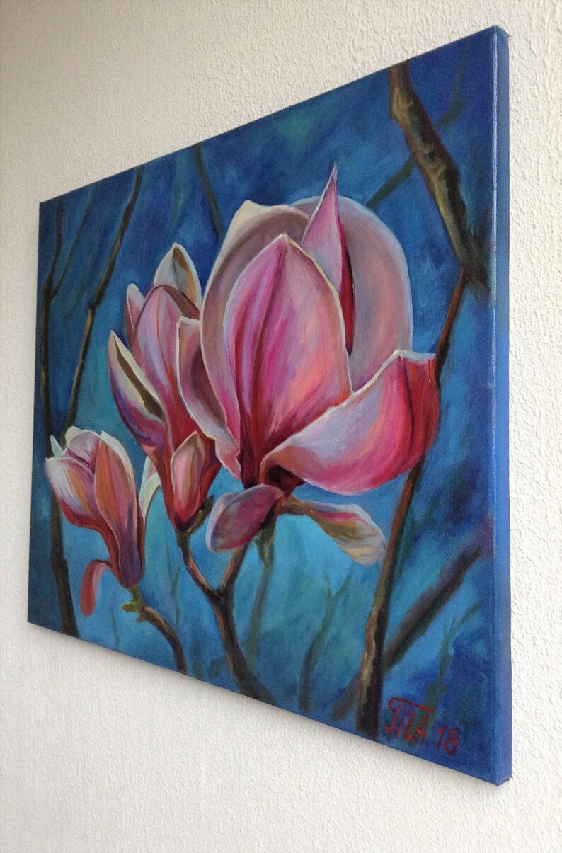 Magnolia Painting Original Canvas Art Pink Flowers Oil Artwork Spring ...