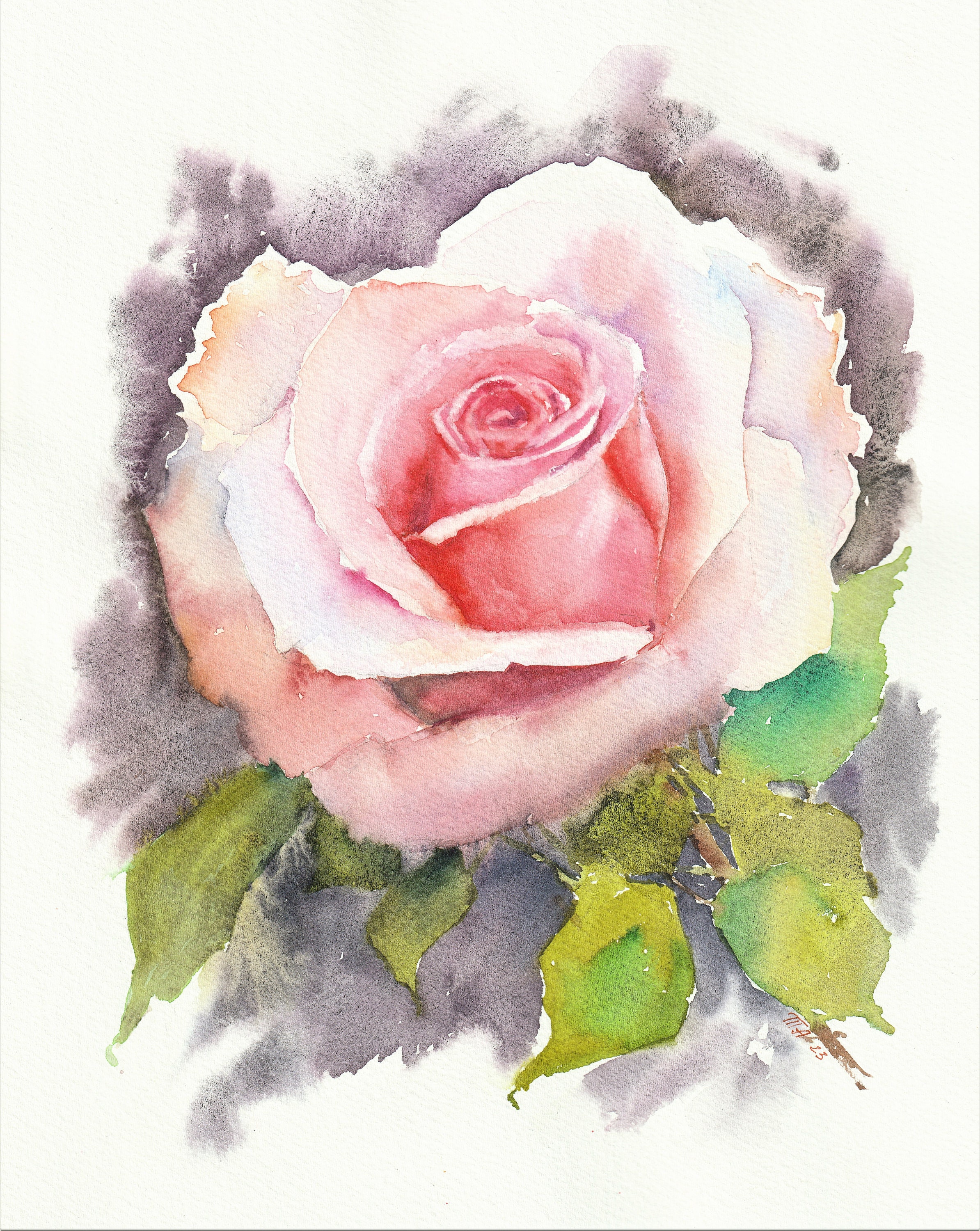 One Rose ORIGINAL Painting Pink Rose Watercolor Art Floral Wall