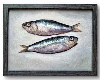 Sardine Oil Painting Framed Fish Wall Art Small Original Seafood Still Life Kitchen Decor Sardines Realistic Artwork 5x7 inches Hand Painted