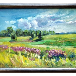 Summer Landscape Painting Framed Original Art, Fields Wall Art Wildflowers Oil Painting Clouds Small Artwork 5x7 inches by Tatiana Agureeva