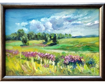 Summer Landscape Painting Framed Original Art, Fields Wall Art Wildflowers Oil Painting Clouds Small Artwork 5x7 inches by Tatiana Agureeva