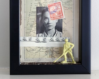 Hepburn Paraguay Palestine framed ephemera collage assemblage