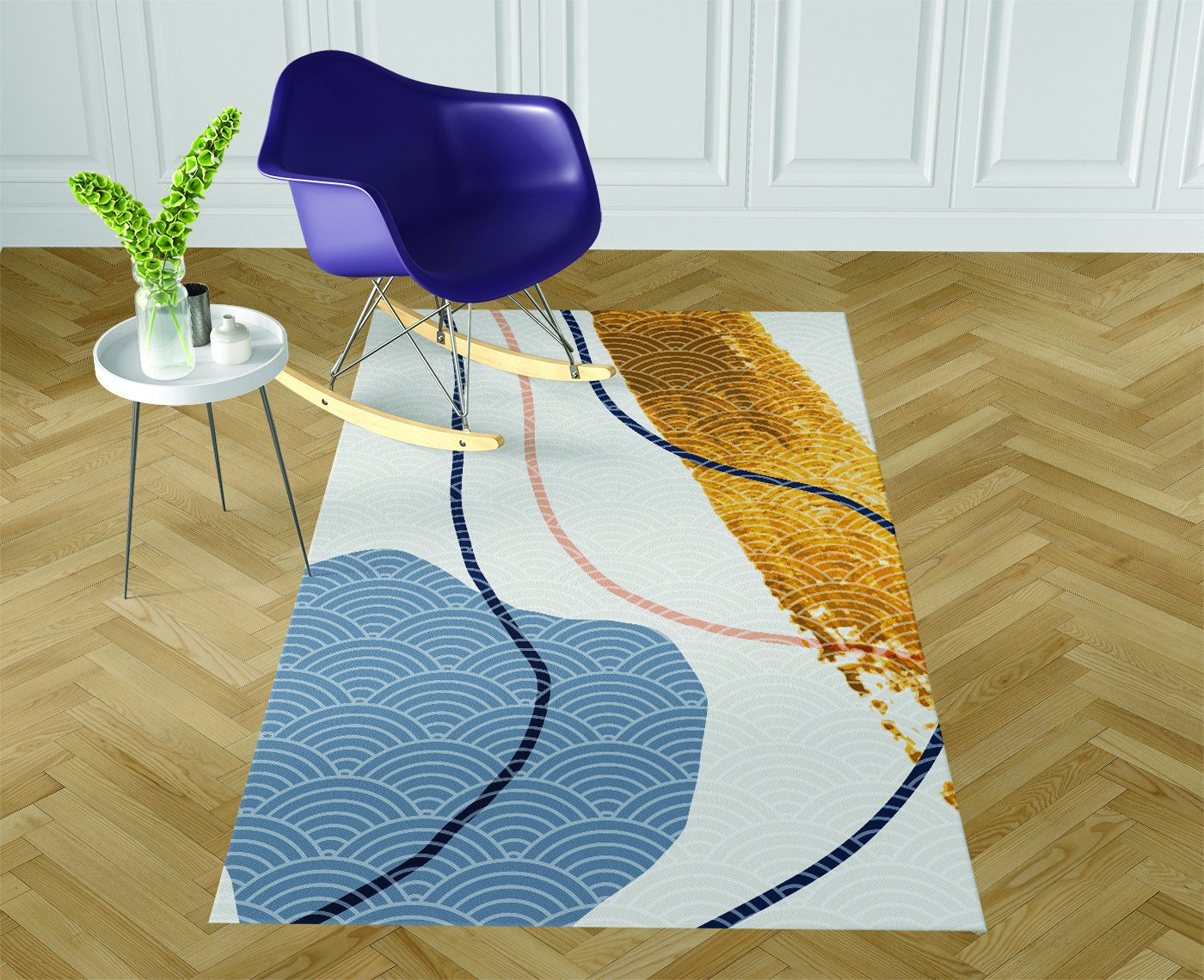 Large Rug Modern Abstract Blue And Gold Velvet Shimmer Home Etsy