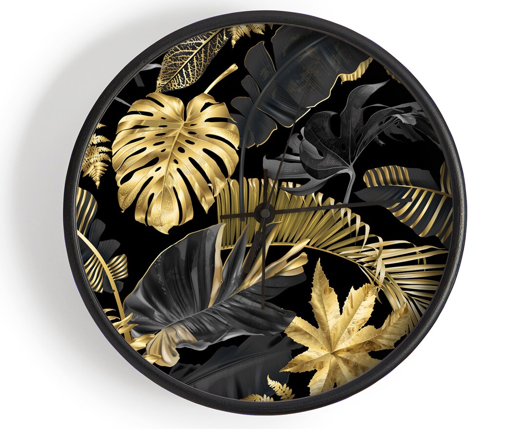 Black and Gold Jungle Leaves Clock Made From Bamboo Plexiglas Etsy
