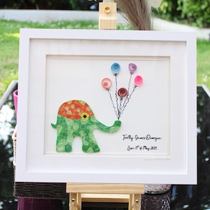 Oeuvre d'art d'éléphant piquant | Coffret cadeau bébé | Quilling personnalisé | Coffret cadeau avec carte de voeux