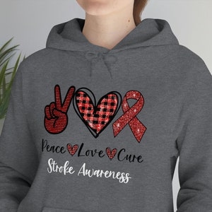 Stroke Awareness Hoodie, Peace Love Cure, In May I Wear Red Sweatshirt, Red Ribbon, Cancer Ribbon, Stroke Survivor, Stroke Month
