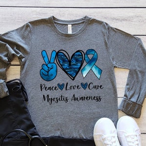 Myositis Awareness Long Sleeve, Peace Love Cure, Myositis Warrior, Blue Ribbon, In May We Wear Blue, In May I Wear Blue, Myositis Ossificans