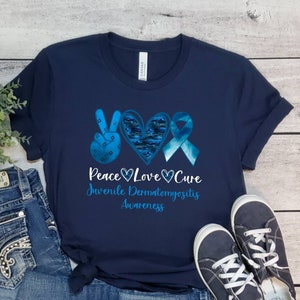Juvenile Dermatomyositis Awareness Shirt, Peace Love Cure Shirt, Myositis Warrior, Blue Ribbon, We Wear Blue, I Wear Blue, Ossificans