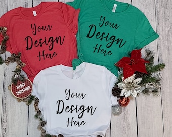 Bella Canvas 3001 Mockup, 3001 Bella Canvas, Heather Kelly Heather Red and White Mock up, 3001 Christmas Mockup, Bella 3001 Shirt Mockup