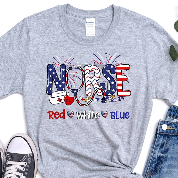 Nurse Shirt, July 4th Shirt, Nurse 4th Of July, Red White Blue, Independence Day Shirt, Firework Shirt, Stars and Stripes, RN, LPN, PEDS