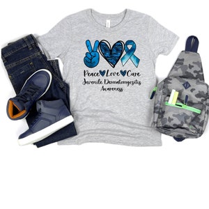 Youth Juvenile Dermatomyositis Awareness Shirt, Peace Love Cure Shirt, Myositis Warrior, Blue Ribbon, We Wear Blue, I Wear Blue, Ossificans