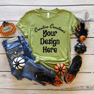 Bella Canvas Halloween Mockup, 3001 Bella Canvas Heather Green, Bella Canvas 3001 Heather Green Mock Ups, Bella Canvas 3001 Halloween