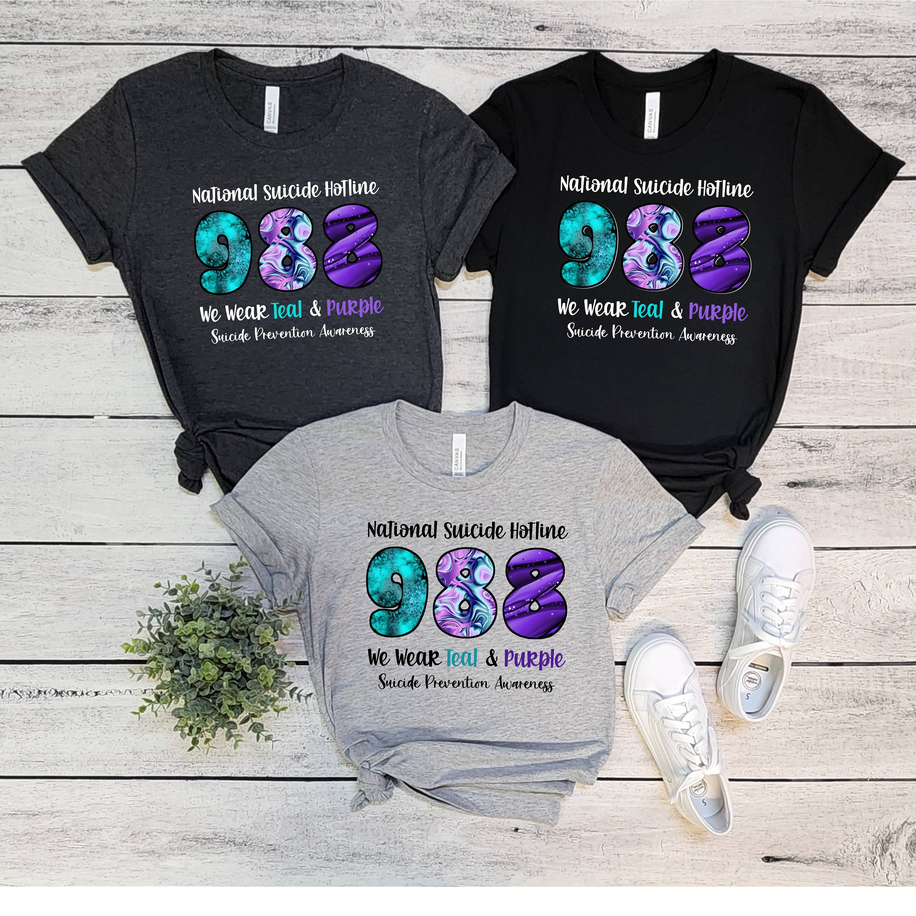 Suicide Prevention Awareness Shirt, 988 National Suicide Hotline We Wear Teal and Purple, Crisis Hotline, Mental Health, Suicide Awareness
