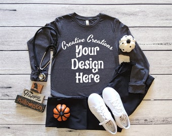Dark Grey Heather Halloween Nurse 3501 Long Sleeve MockUp, Bella Canvas 3501 Dark Gray Heather Nurse Mock, Bella Canvas Mockup, 3501 Mock Up