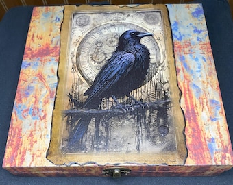Decoupage Raven Wooden Box – Gothic Jewelry, Trinket, or Tarot Storage