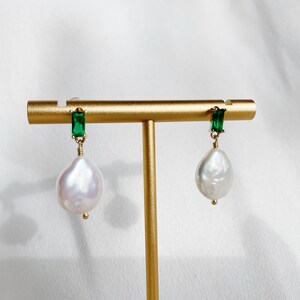 Handmade 18K gold Emerald Fresh Water Pearl Earrings Baroque Keshi asymmetrical 925 sterling silver