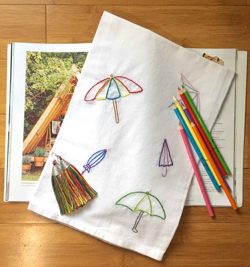 Hand Embroidered Umbrella Dish Towel/ Cotton Tea Towel/ Cross Etsy