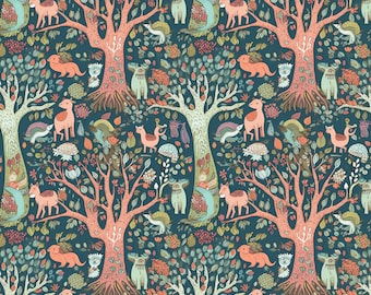 May include: A teal blue background with a repeating pattern of stylised trees with pink trunks and green leaves. The trees are decorated with small animals and flowers in shades of pink, green, and brown.